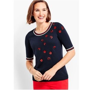 TALBOTS Oprah Collection Embroidered&Beaded Ladybug Elbow-Length Sleeves MEDIUM